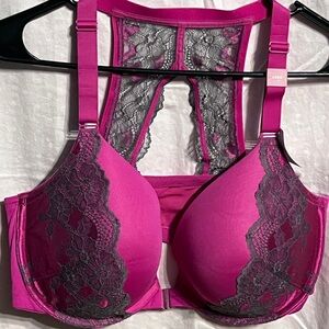 Cacique Fuchsia and Gray Lace Racerback Bra